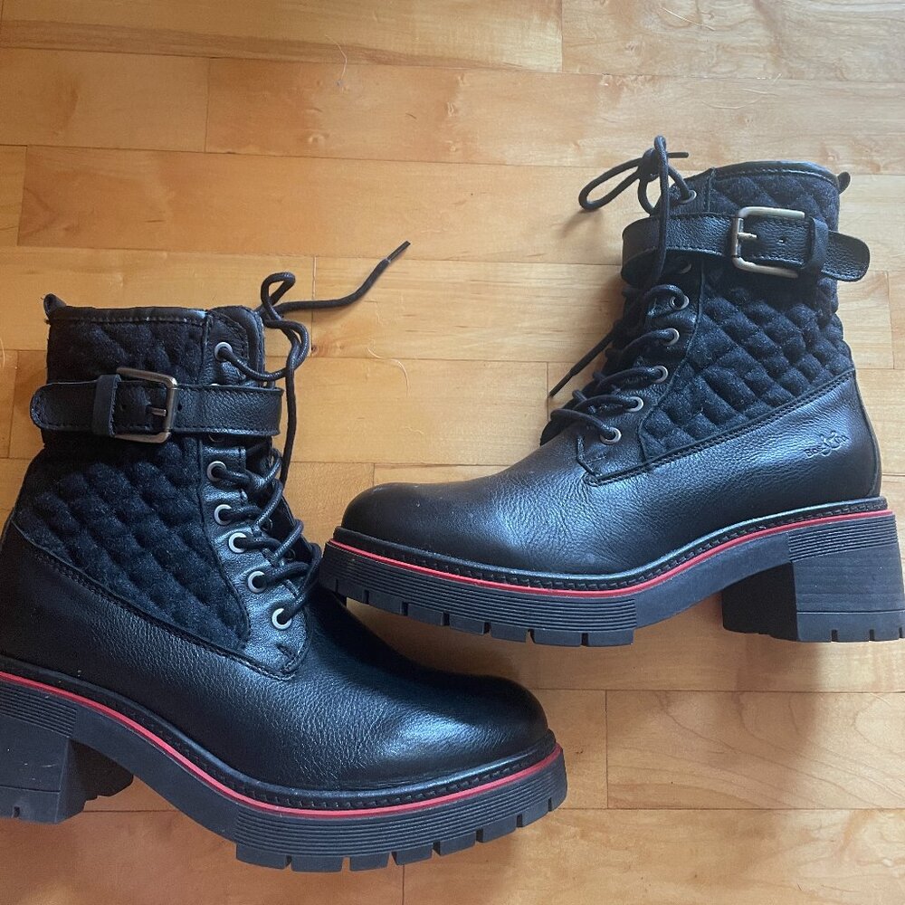 Bos & Co Black Quilted Lace-Up Combat Boots with Buckle – Women’s Size 9.5